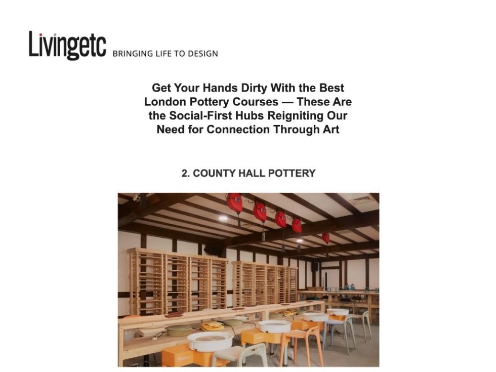 No.2 in Livingetc Best London Pottery Courses List - County Hall Pottery